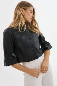 LA MARQUE CAROLINA CROPPED RUFFLE SLEEVE LEATHER JACKET