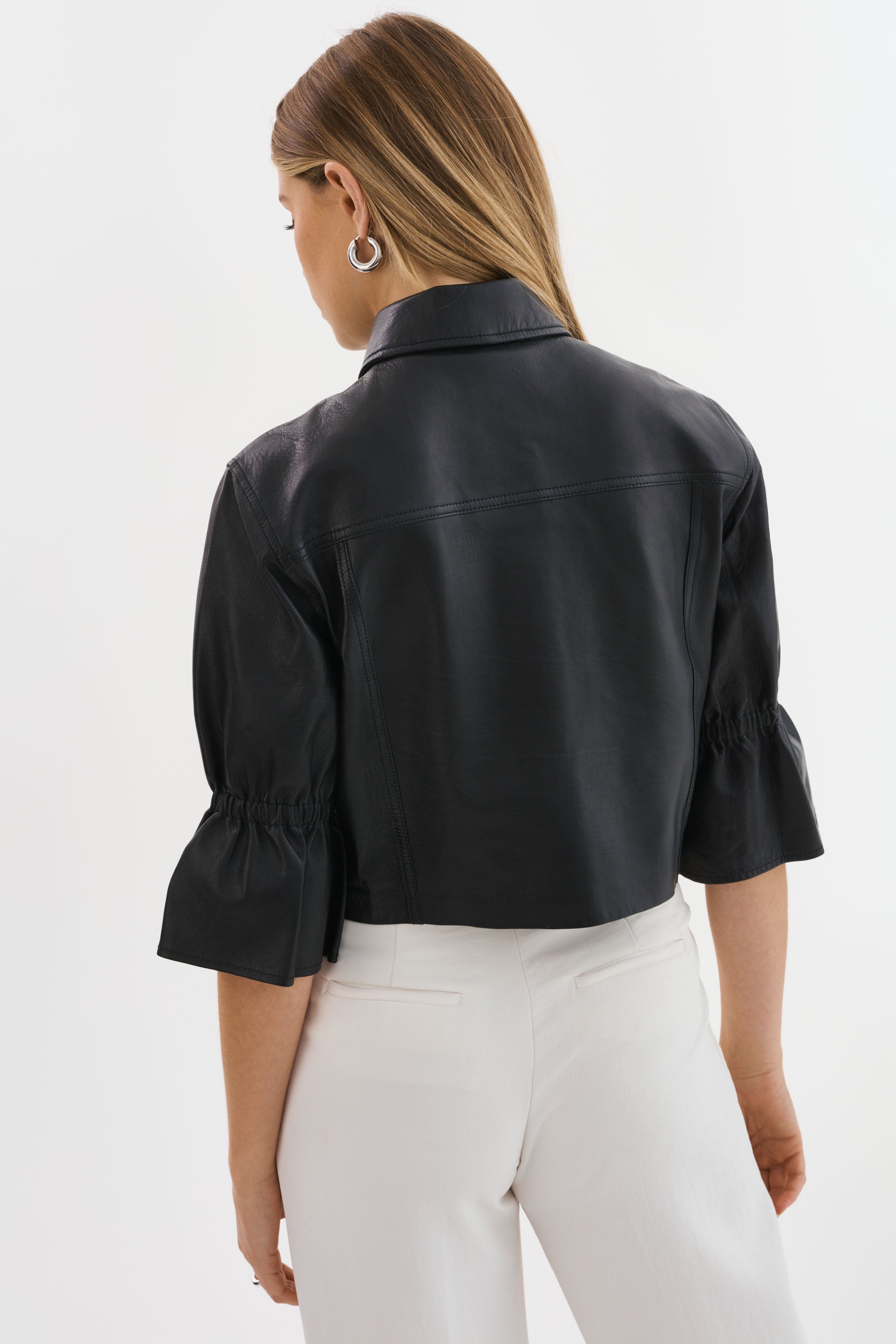 LA MARQUE CAROLINA CROPPED RUFFLE SLEEVE LEATHER JACKET