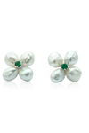 MONISHA MELWANI GOLD GREEN EMERALD PEARL FLOWER EARRINGS IN WHITE GOLD