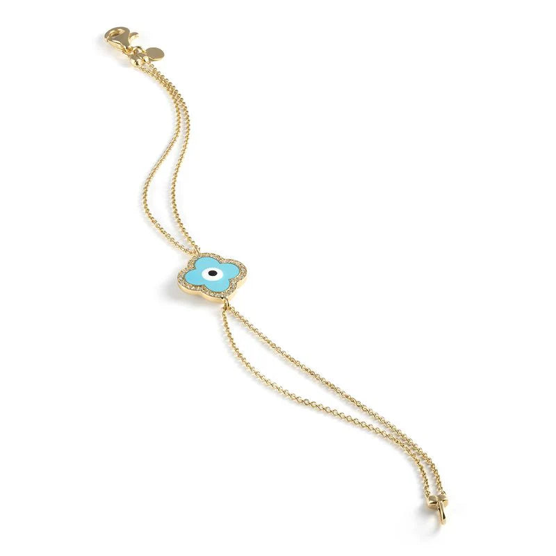 AARON BASHA THE NATALIE 18K YELLOW GOLD DIAMOND LIGHT BLUE CLOVER ON DUAL CHAIN BRACELET