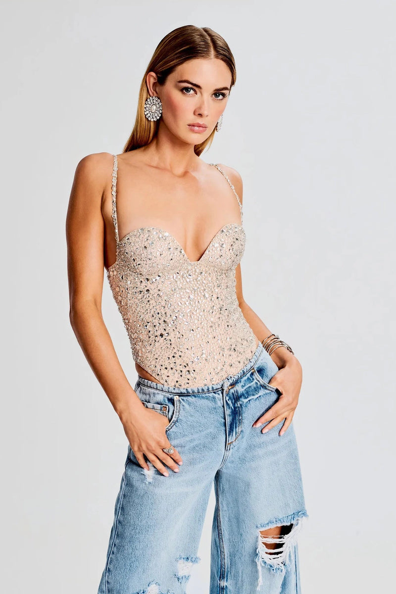 RETROFETE AVALON SEQUIN BODYSUIT IN DUSTY PEACH