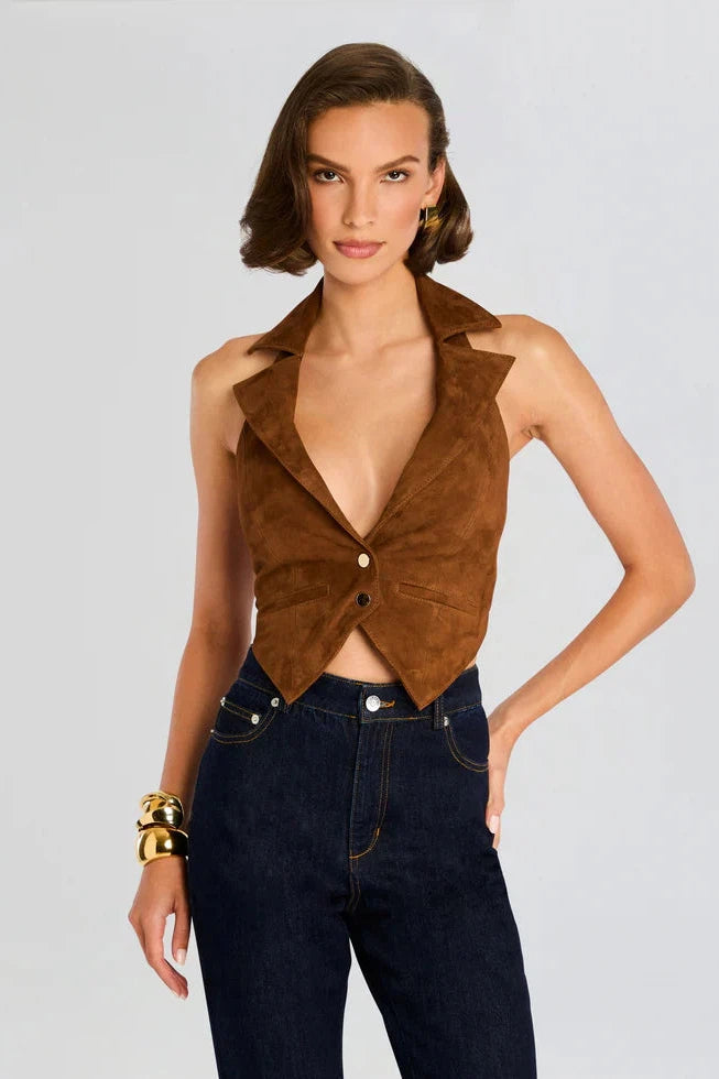 RETROFETE JOSEPHINE SUEDE VEST IN CINNAMON-TOP-RETROFETE-Big Drop NYC