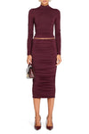 SEROYA DARCY MID RISE RUCHED MIDI SKIRT IN MERLOT
