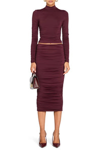 SEROYA DARCY MID RISE RUCHED MIDI SKIRT IN MERLOT