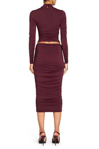 SEROYA DARCY MID RISE RUCHED MIDI SKIRT IN MERLOT