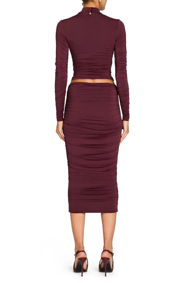 SEROYA DARCY MID RISE RUCHED MIDI SKIRT IN MERLOT