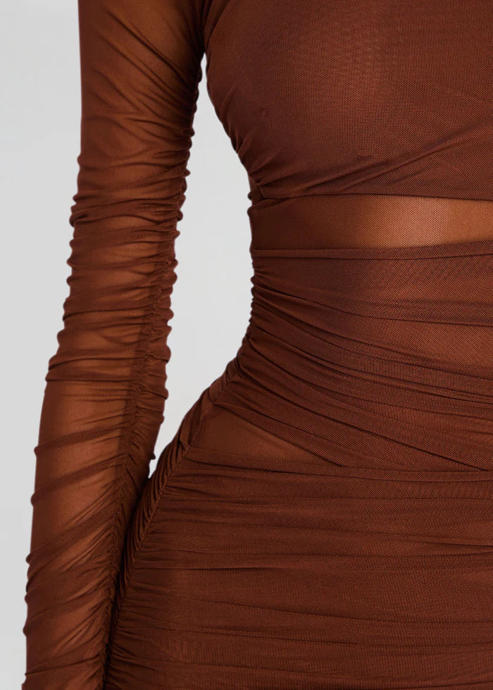 MOXEY RUCHED MESH MINI DRESS