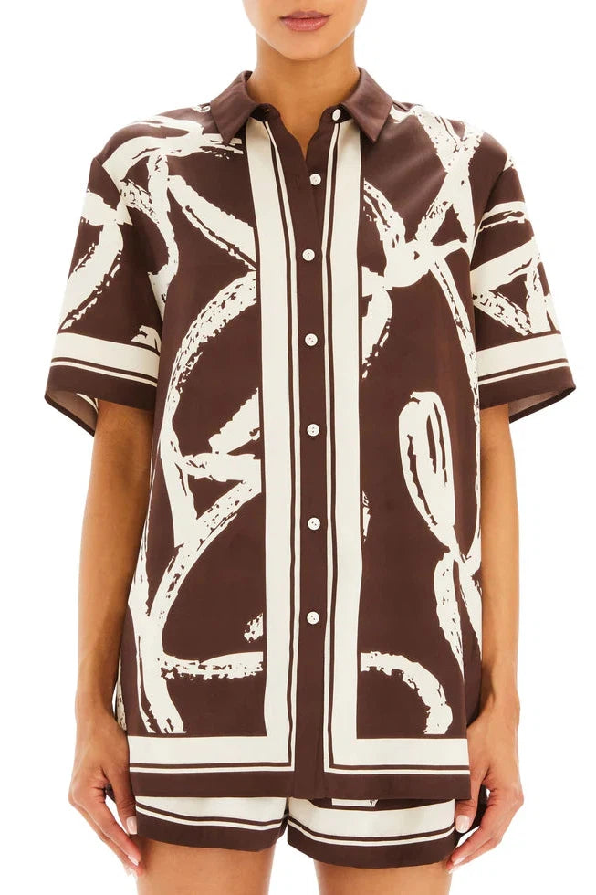 SER.O.YA DAVEY SATIN BLOUSE IN COCONUT SCRIPT