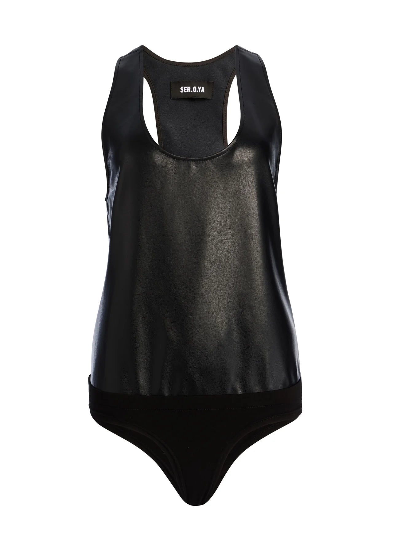 SEROYA NINA FAUX LEATHER BODYSUIT IN BLACK