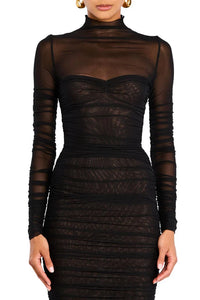 SEROYA TRINA MESH RUCHED MIDI DRESS IN BLACK