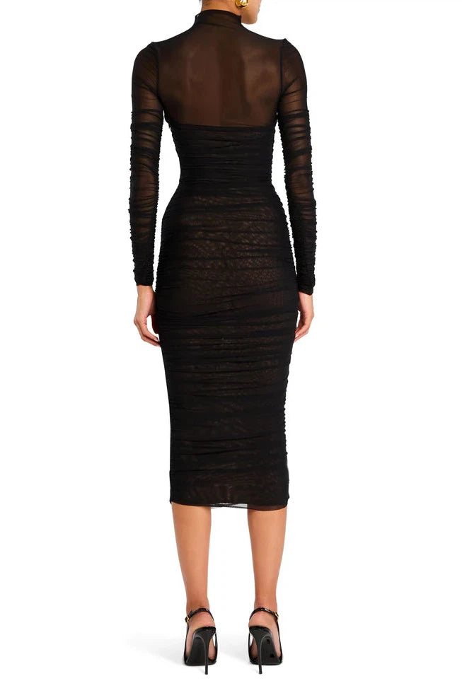 SEROYA TRINA MESH RUCHED MIDI DRESS IN BLACK