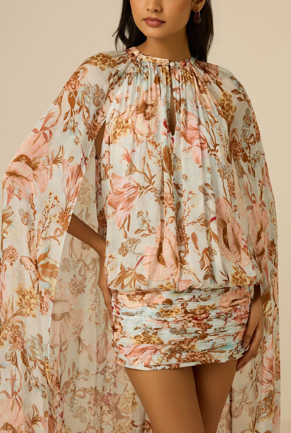RUCHED CAPE EZRA MINI DRESS