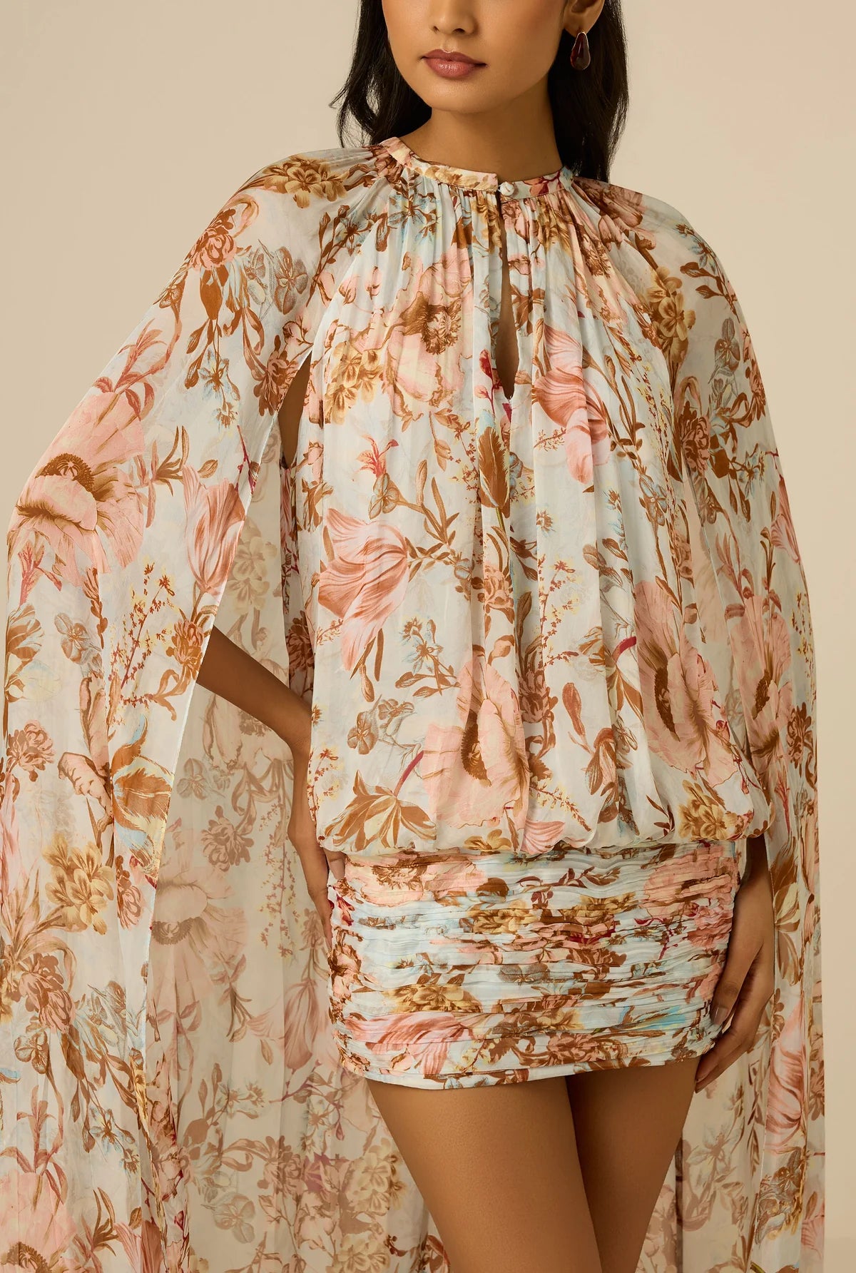 RUCHED CAPE EZRA MINI DRESS