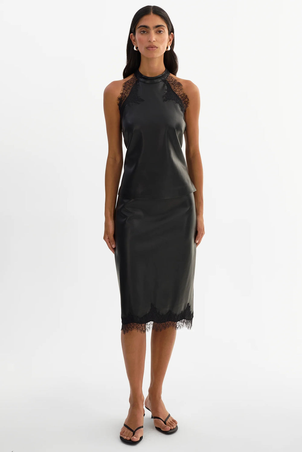 GINNY LACE TRIM FAUX LEATHER TOP