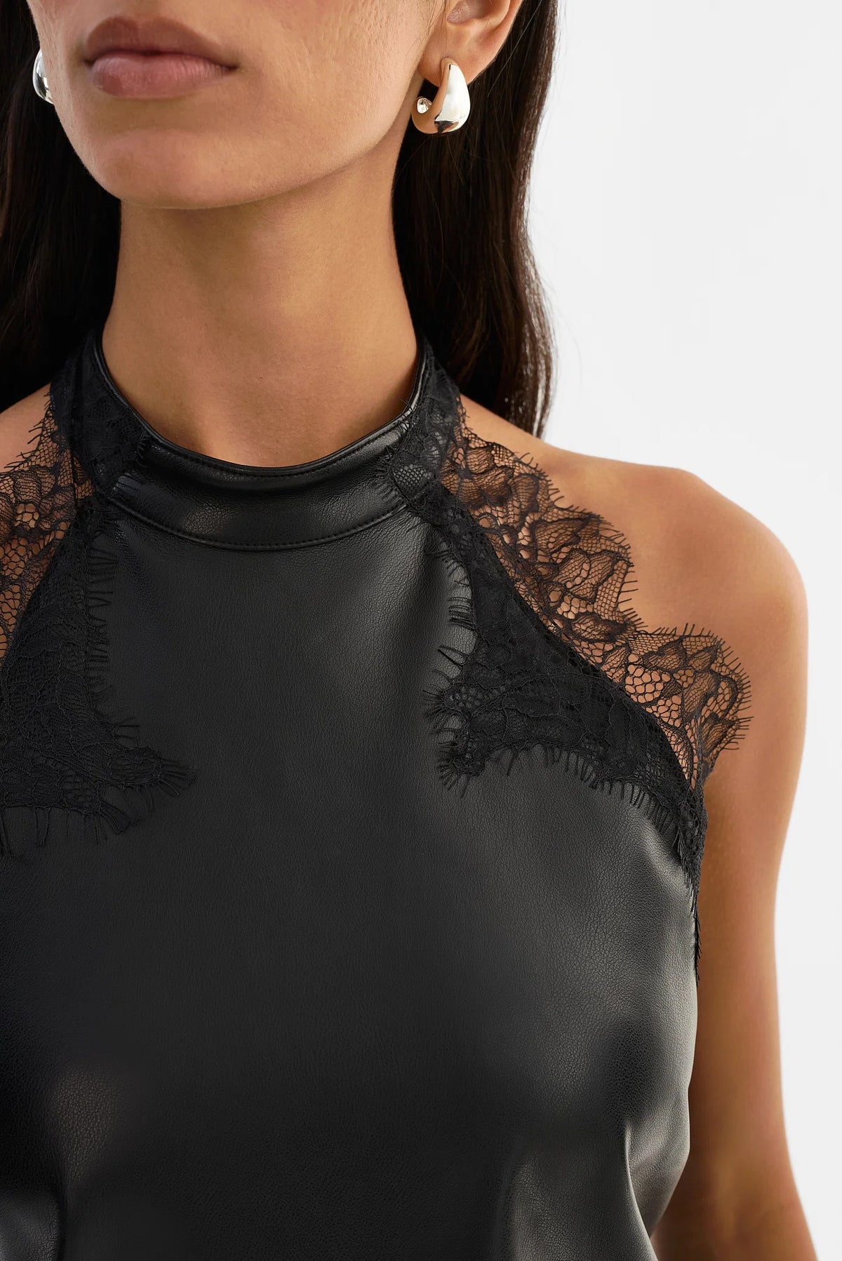 GINNY LACE TRIM FAUX LEATHER TOP