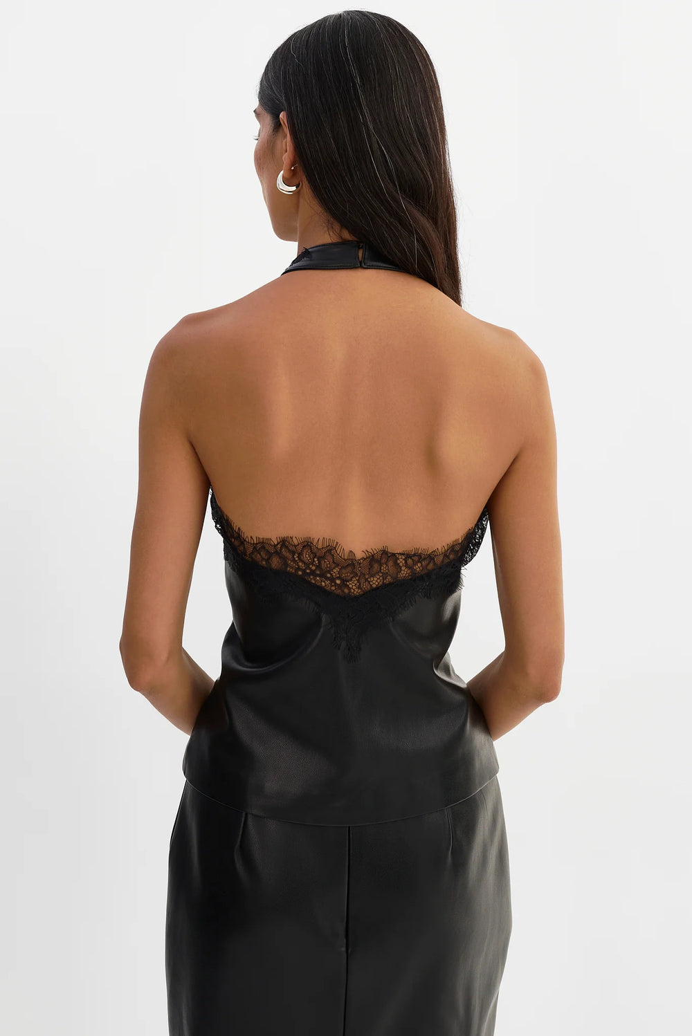 GINNY LACE TRIM FAUX LEATHER TOP
