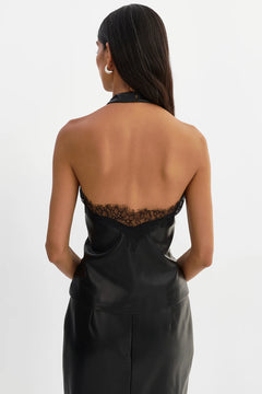 GINNY LACE TRIM FAUX LEATHER TOP