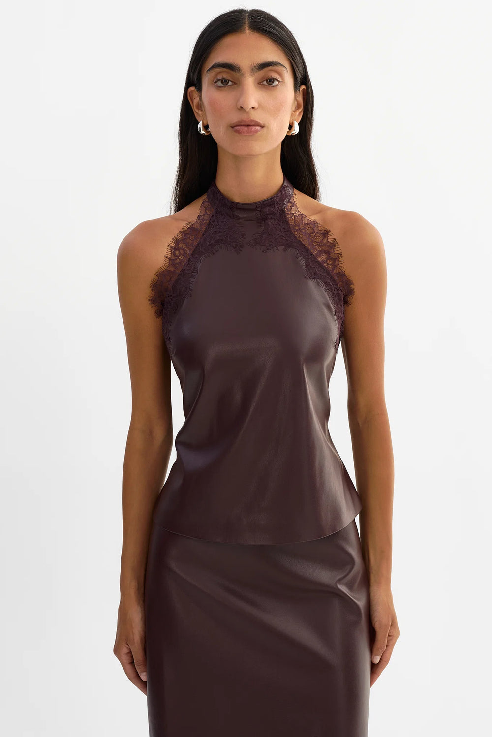 GINNY LACE TRIM FAUX LEATHER TOP