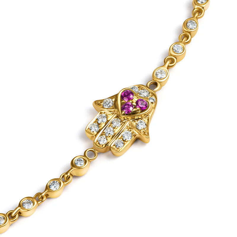 AARON BASHA 18K YELLOW DIAMOND HAMSA BRACELET WITH RUBIES .54 CARAT DIAMOND 05 CARAT RUBIES