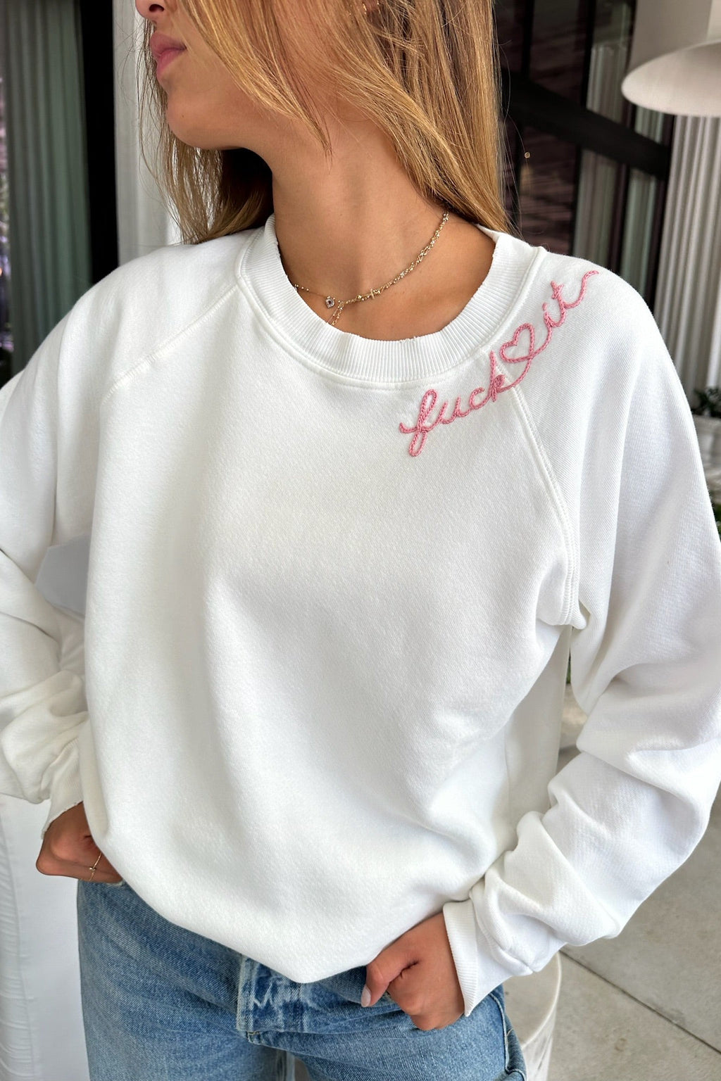 ISTOLEMYBOYFRIENDSSHIRT CUSTOM FUCK IT EMBROIDERED SWEATER IN OFF WHIT – Big Dro