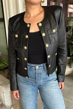 JAYDE COLLARLESS LEATHER JACKET