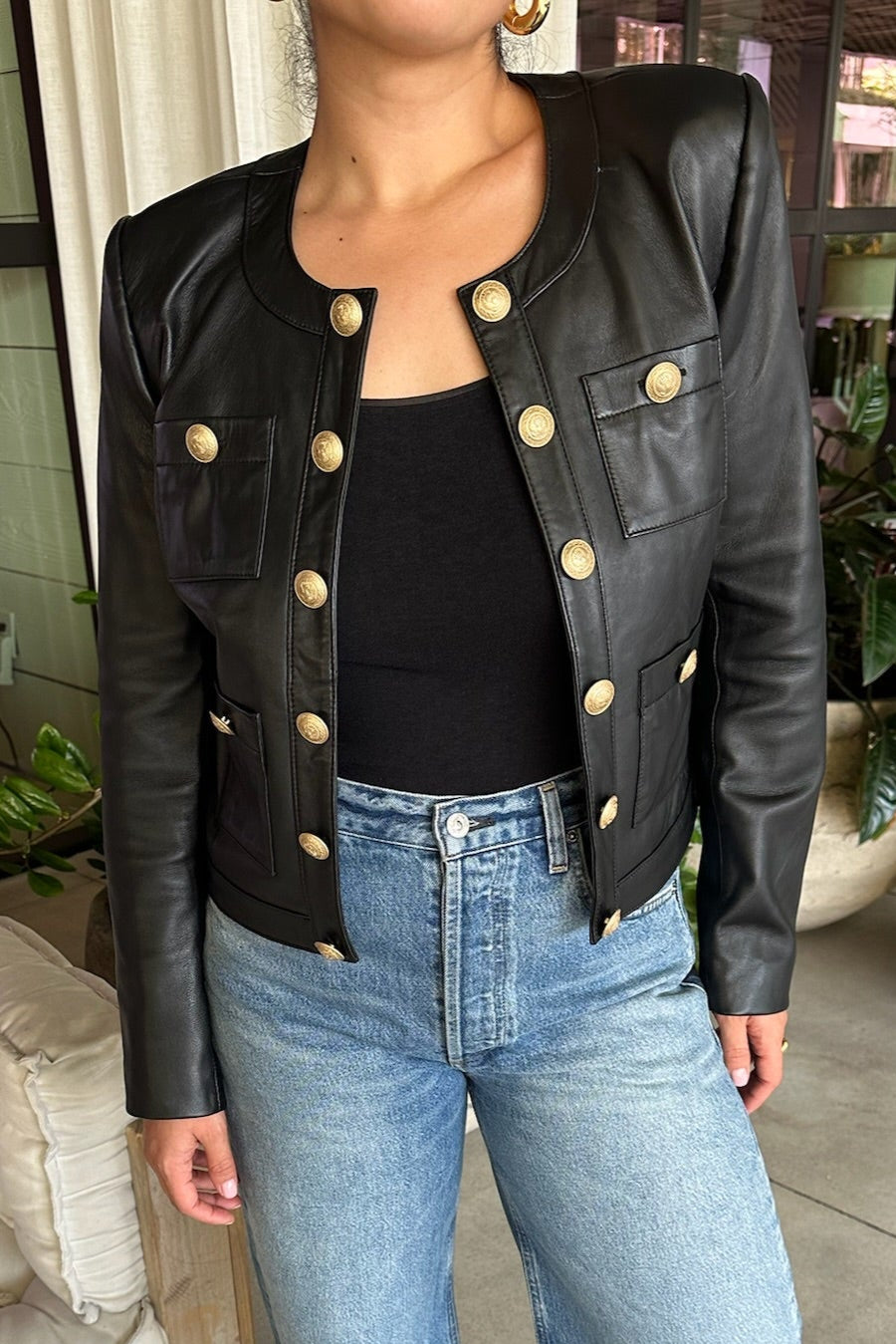 L'AGENCE JAYDE COLLARLESS LEATHER JACKET IN BLACK