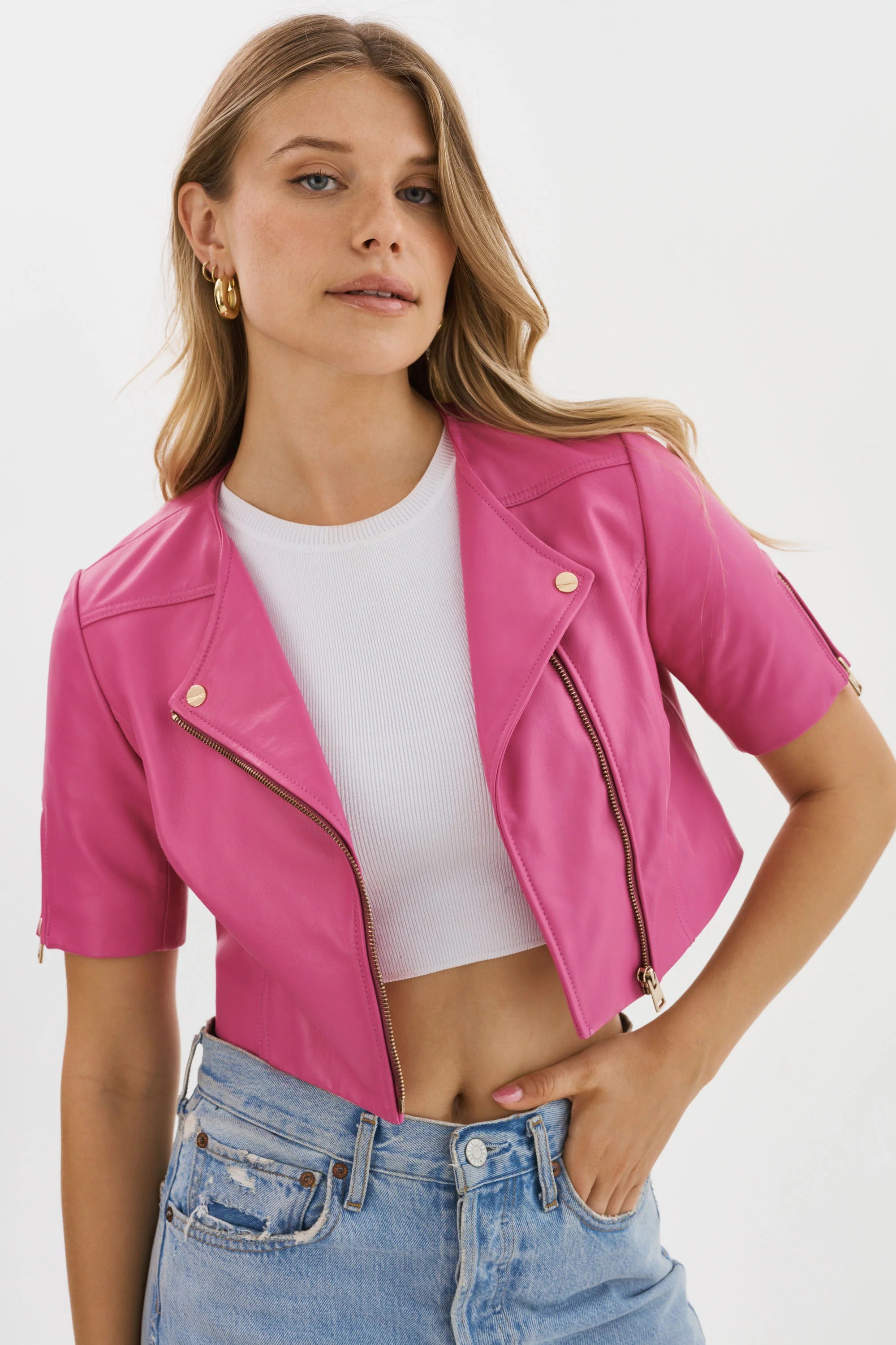 KIRSI CROPPED BIKER JACKET BODACIOUS PINK