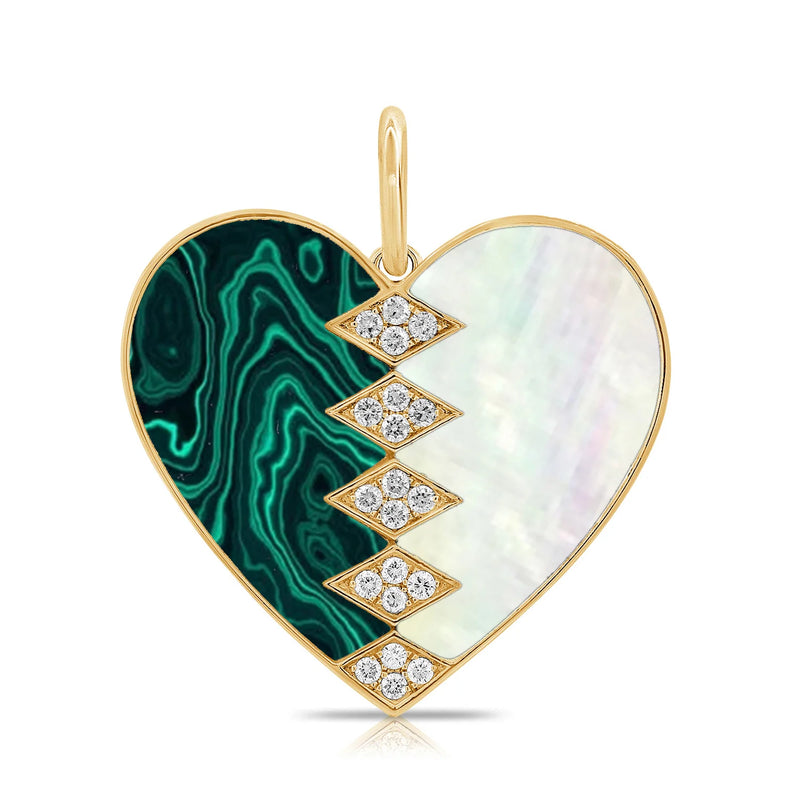 MONISHA MELWANI GOLD DIAMOND HALF MALACHITE HALF MOTHER OF PEARL HEART PENDANT