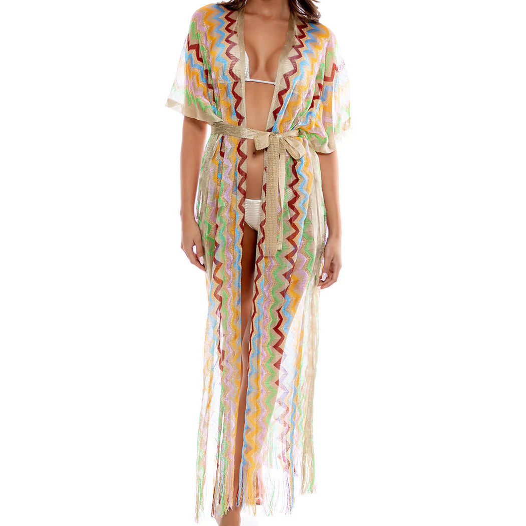 LULI FAMA PEN FRONT TIE LONG PONCHO IN MULTICOLOR