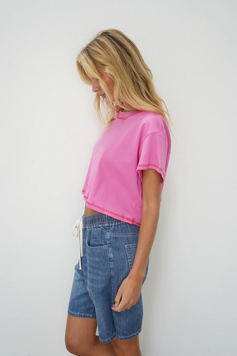 LNA LENI CROPPED TEE IN BRIGHT PINK