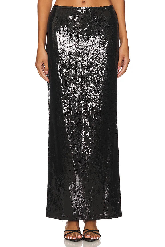 LNA ELETTRA SEQUIN COLUMN SKIRT IN BLACK