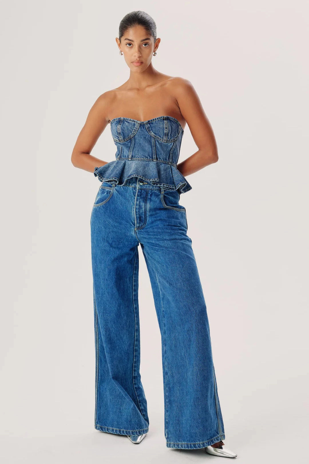 RONNY KOBO DALLAS DENIM TOP IN MEDIUM WASH