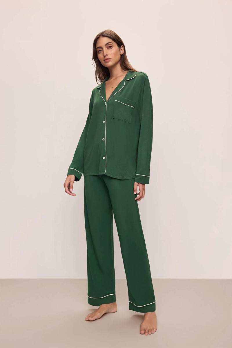 EBERJEY GISELE LONG PAJAMA SET IN FOREST GREEN/ IVORY