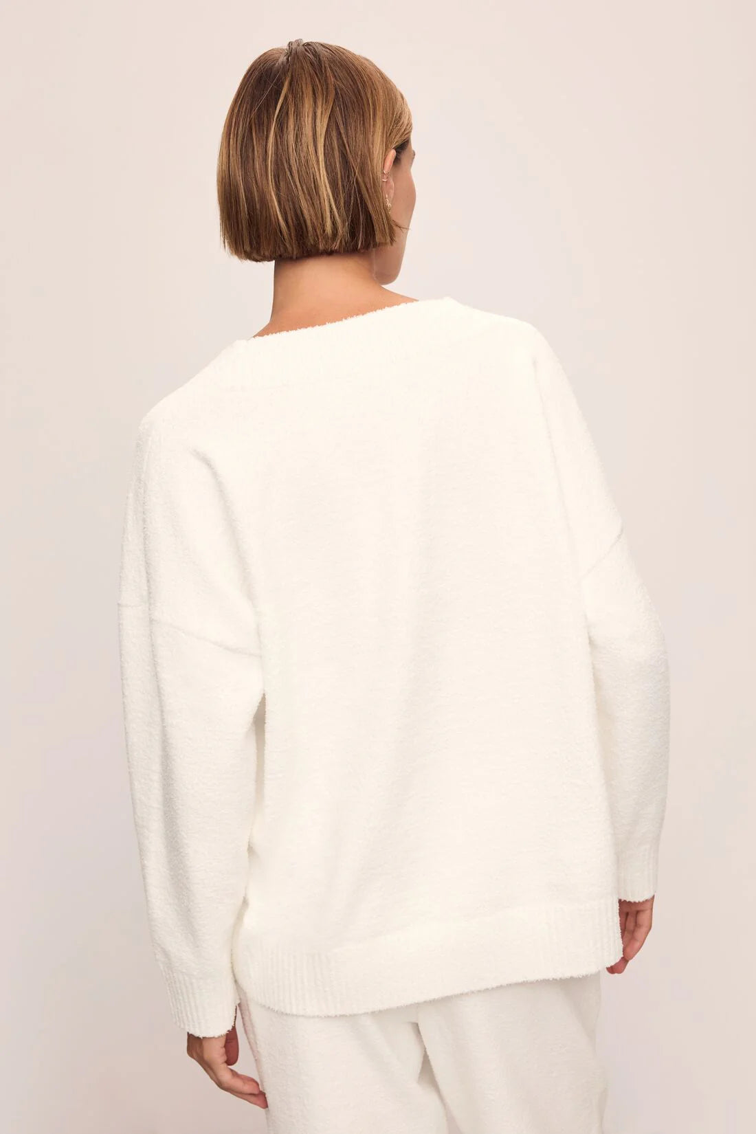 EBERJEY RECYCLED BOUCLE V-NECK SWEATER IN IVORY