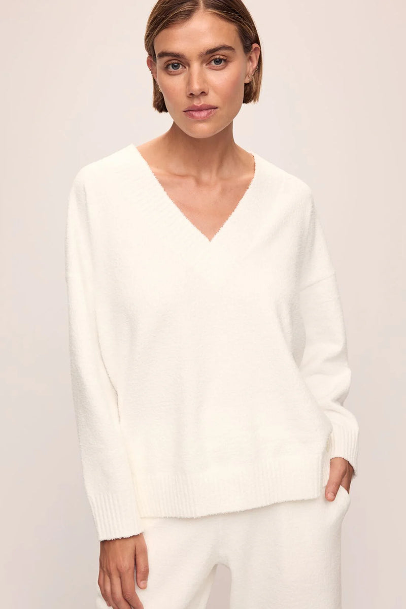 EBERJEY RECYCLED BOUCLE V-NECK SWEATER IN IVORY