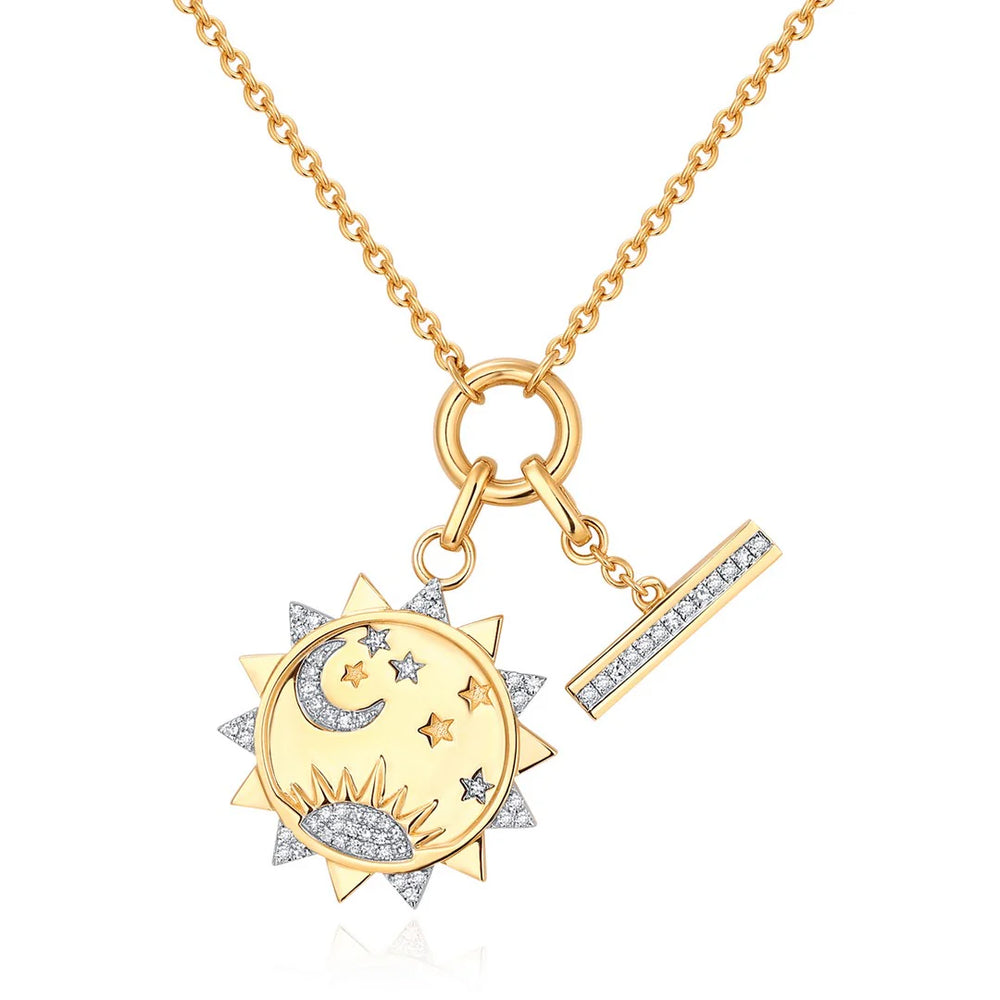 GOLD DIAMOND ROUND SUN AND TOGGLE CHARM NECKLACE