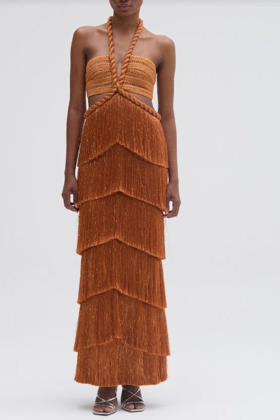 PATBO PAMPAS FRINGE DRESS IN BRONZE