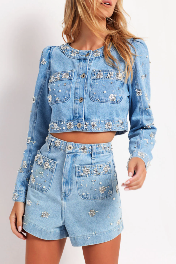 PATBO HAND BEADED CROPPED DENIM JACKET IN DENIM