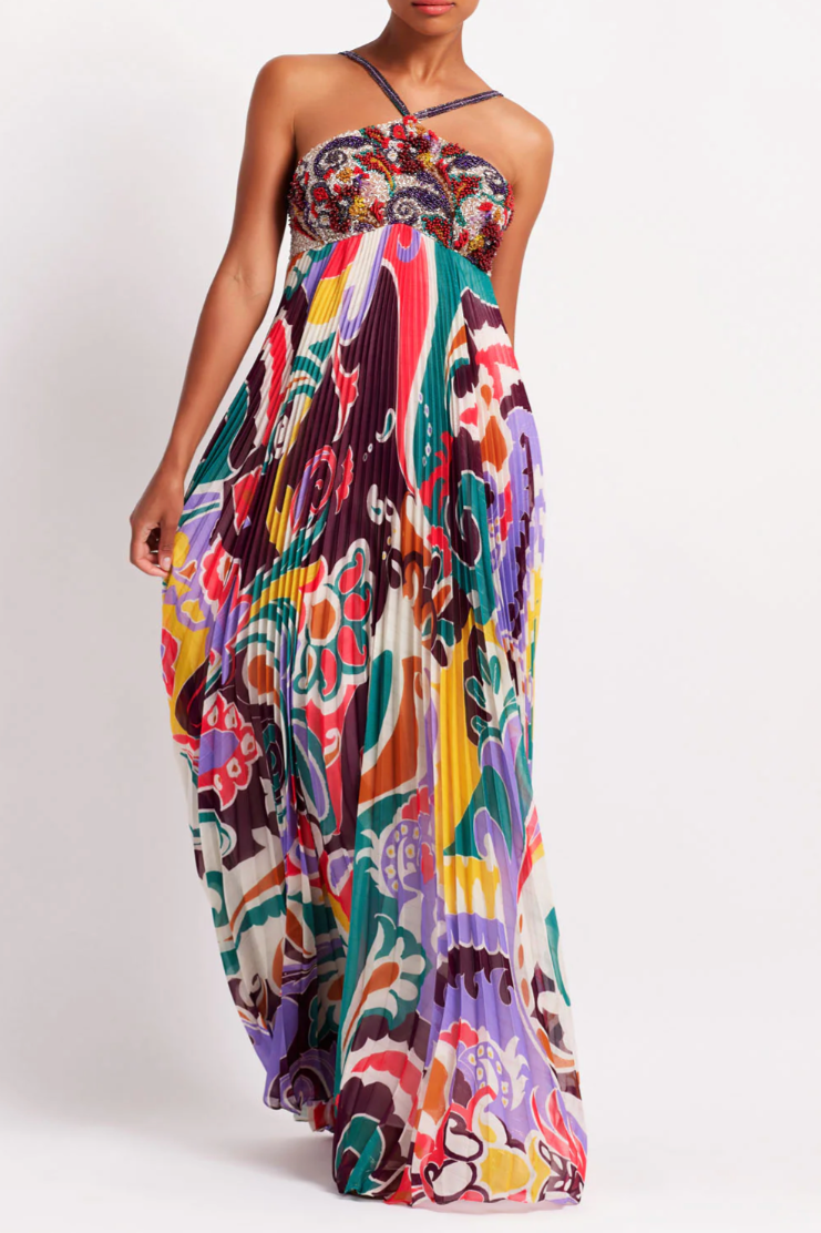 PATBO BEADED DAYDREAMER PLEATED GOWN IN MULTI