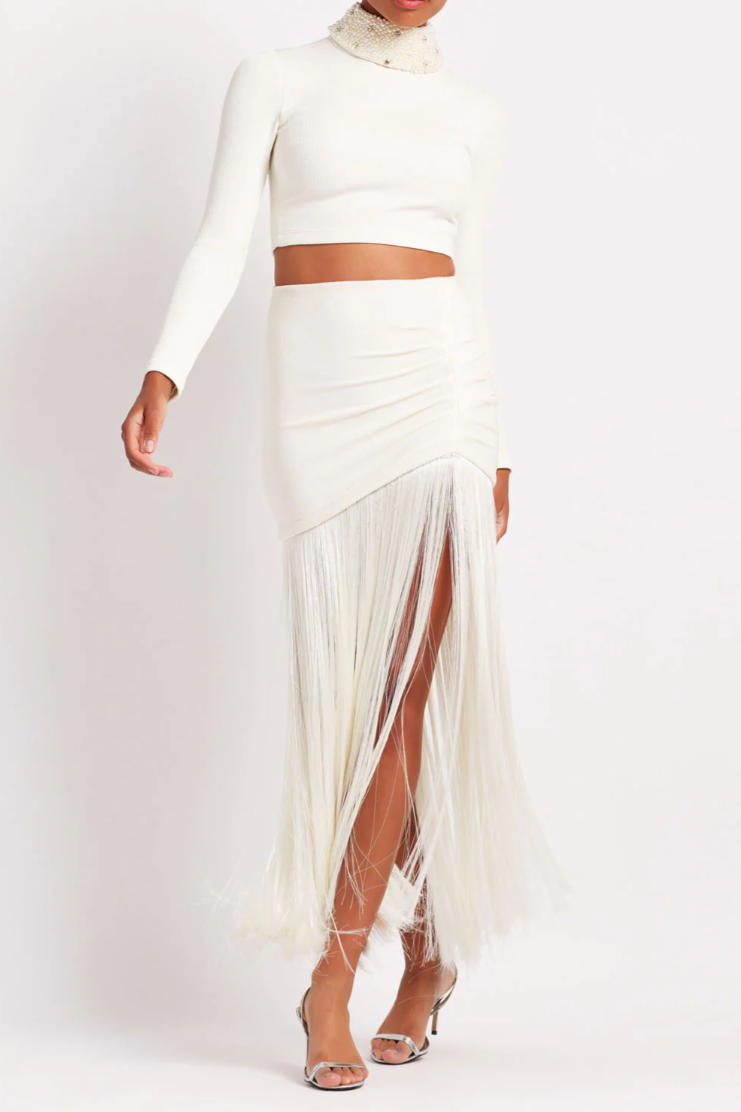 PATBO KNIT FRINGE TRIM MIDI SKIRT IN ECRU