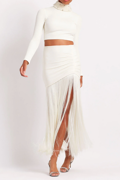 PATBO KNIT FRINGE TRIM MIDI SKIRT IN ECRU – Big Drop NYC