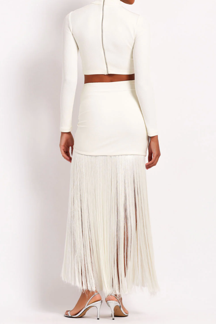 PATBO KNIT FRINGE TRIM MIDI SKIRT IN ECRU