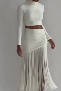PATBO KNIT FRINGE TRIM MIDI SKIRT IN ECRU