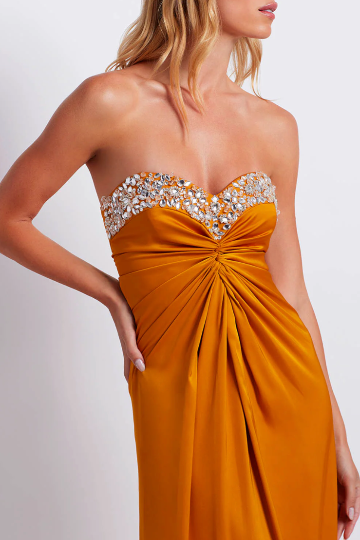 PATBO HAND BEADED STRAPLESS GOWN IN MUSTARD