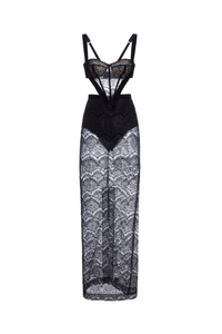PATBO LACE BUSTIER MAXI DRESS IN BLACK