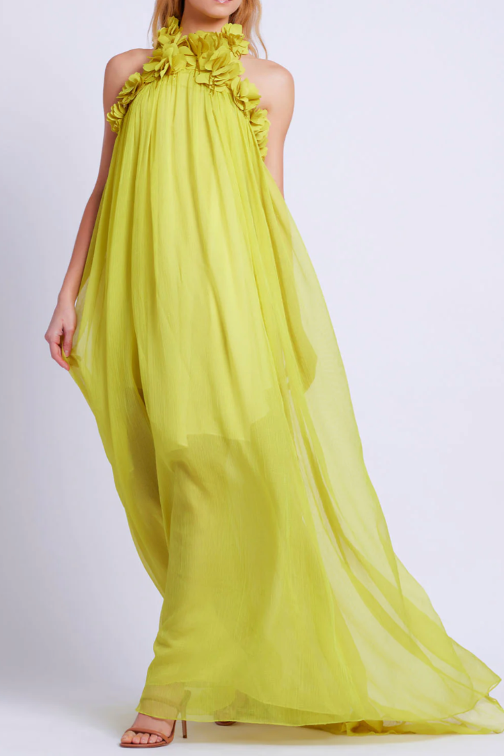 PATBO HAND-EMBROIDERED 3D FLOWER GOWN IN ACID YELLOW