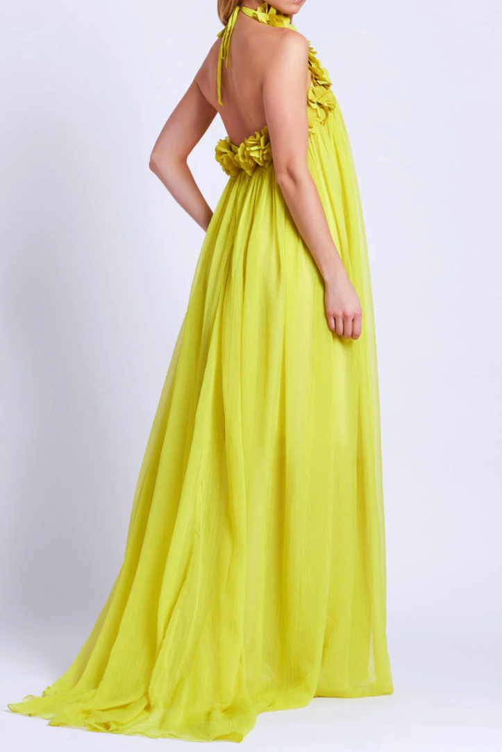 PATBO HAND-EMBROIDERED 3D FLOWER GOWN IN ACID YELLOW