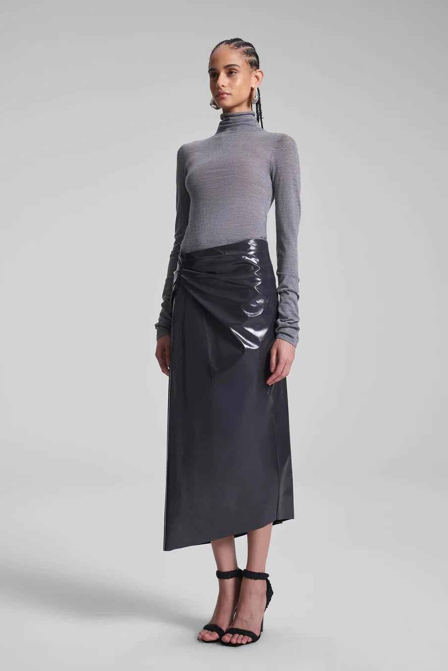 A.L.C. PATENT VEGAN LEATHER MIDI SKIRT IN SMOKE