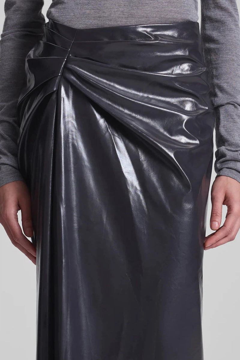 A.L.C. PATENT VEGAN LEATHER MIDI SKIRT IN SMOKE