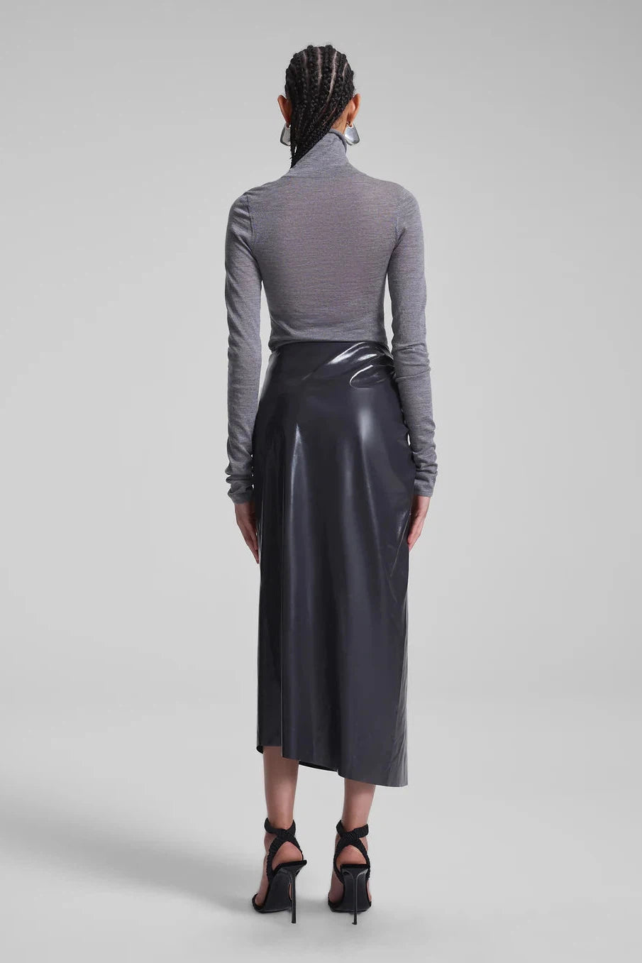 A.L.C. PATENT VEGAN LEATHER MIDI SKIRT IN SMOKE